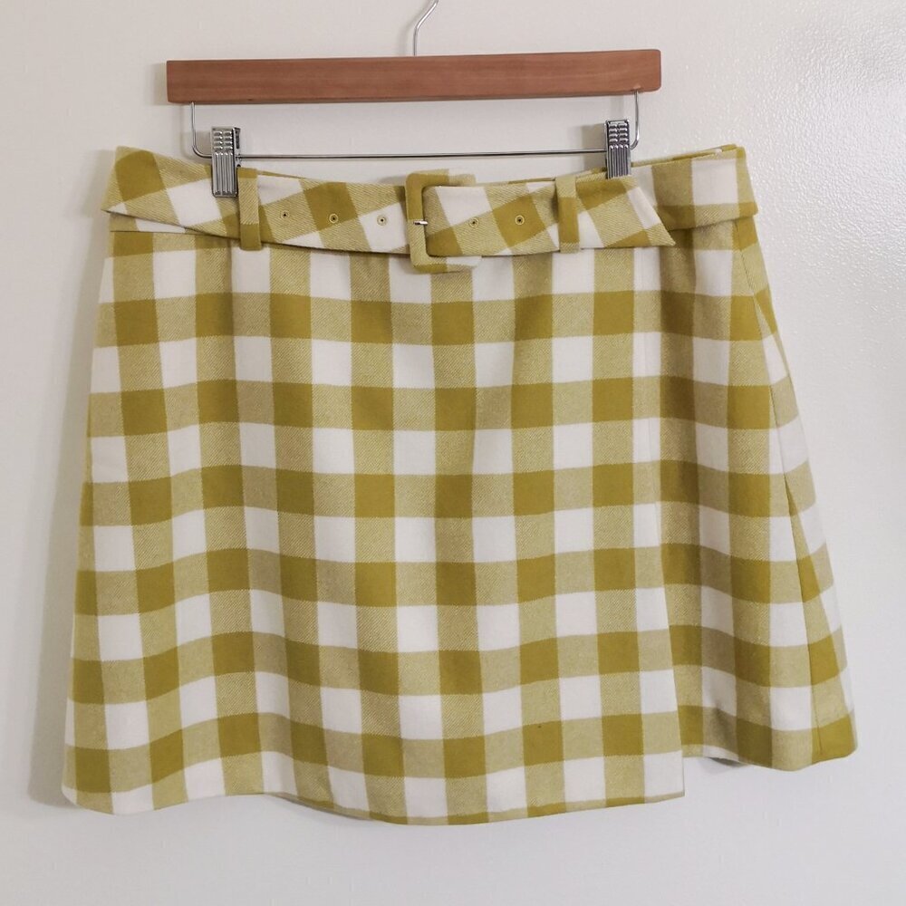 NWOT Suistudio Wool Check Faux‎ Wrap Miniskirt With Belt Size 12